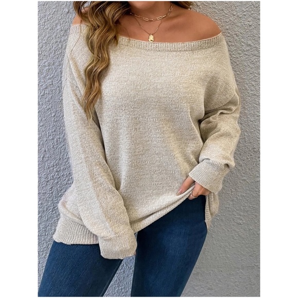 BellanBlue Sweaters - Plus Khaki Off Shoulder Sweater Top